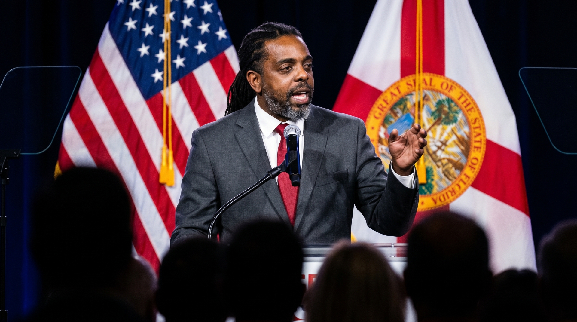 Mourice Hylton speaking at a campaign event with US and Florida flags